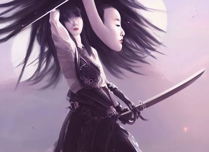 Prompt: asian girl in halfmask, white short hear, with katana, night sky on background, flying robots, cyberpunk, intricate, elegant, highly detailed, digital painting, artstation, concept art, smooth, sharp focus, illustration, ethereal