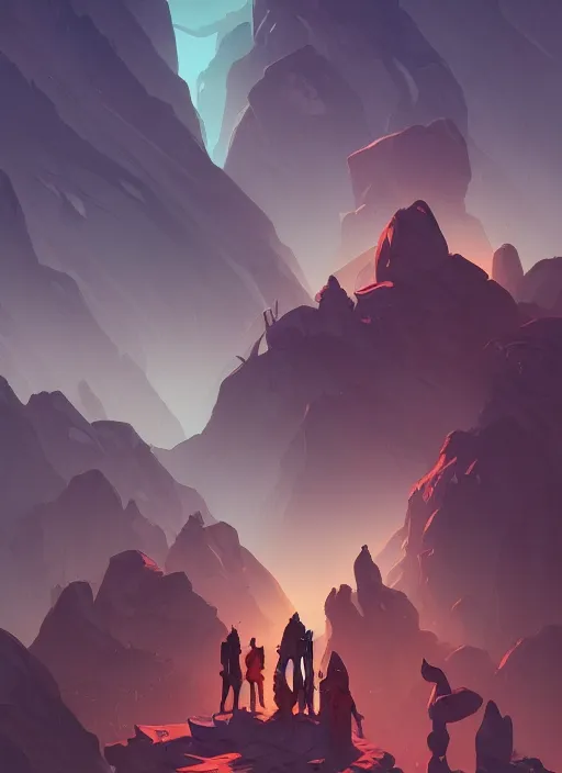 Prompt: Group of lost Wanderers traveling through vast dark landscapes, broken Stone Statues and fallen Cities, in the Style of Artgerm and Charlie Bowater and Atey Ghailan and Mike Mignola, vibrant colors and hard shadows and strong rim light, Comic Cover Art, plain background, trending on artstation