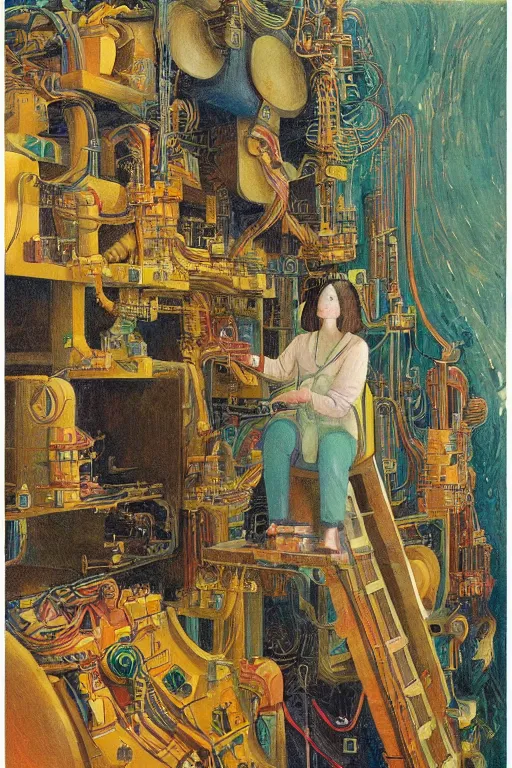 Image similar to realistic portrait of an engineer woman fixing the samsara holy cluster, fine portrait, concept art, stunning, in the style of brecht evens and jean delville