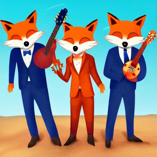 Image similar to music album cover, with anthropomorphic foxes animals dressed in suits, holding guitars, on a beach, all looking at camera, studio lighting, 8 5 mm f / 1. 4