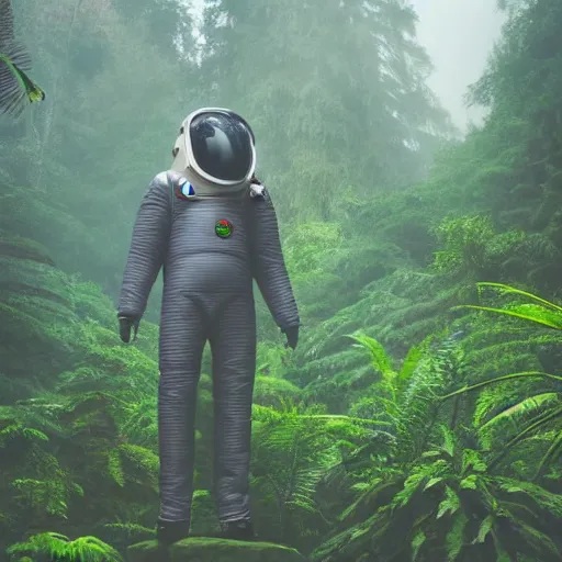 Image similar to a full length portrait of a giant autonomous spaceman in a misty rainforest, surrounded by lush ferns and fir trees. surrounded by mountains and clouds and mist. featured on