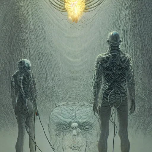 Image similar to demonic ritual, neon, they are watching, RGB, glowing wires everywhere, rods, pristine, by Juni ito, Ross Tran, Zdzisław Beksiński, and Michael Whelan, distant, gustav dore, H.R. Giger, 8k, octane render