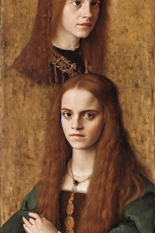 Image similar to portrait of emma watson, oil painting by jan van eyck, by hans holbein, northern renaissance art, old masters, alla prima, realistic, expressive emotions, intricate textures, illusionistic detail