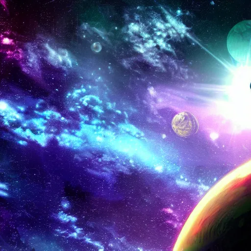 Image similar to anime style hd wallpaper of outer space with a view of a blue and green planet below