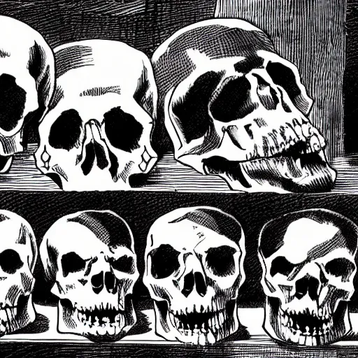 Image similar to Skulls lying on a shelf. Close Up Shot, Dark Fantasy, Film Noir, Black and White. High Contrast, Mike Mignola, D&D, OSR