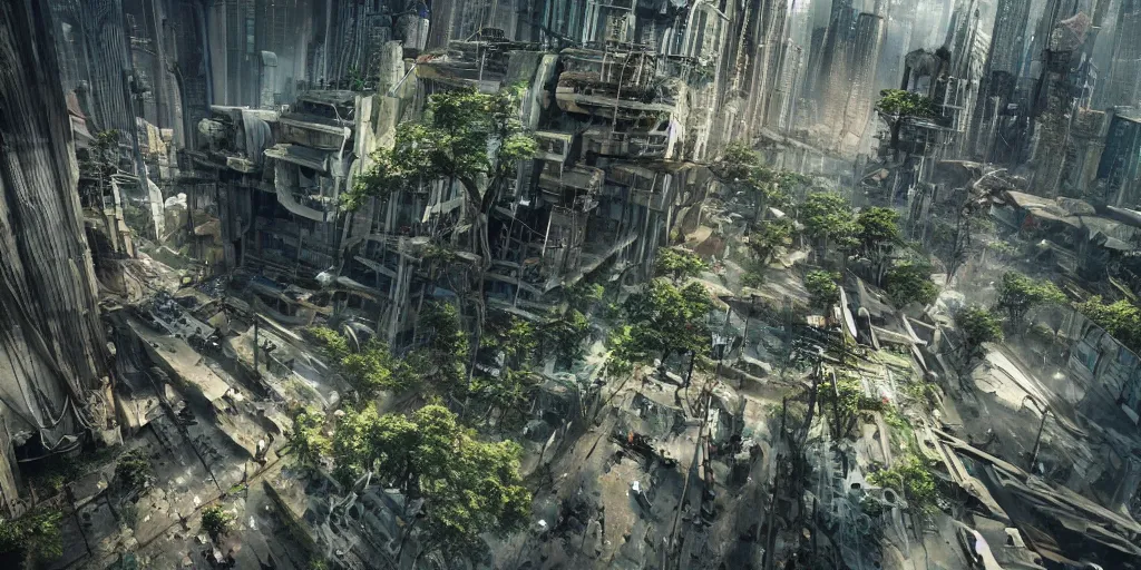 Image similar to beautiful nature reclaiming a dystopian city, cyberpunk, sharp focus, dynamic lights, still, photograph, hyper realistic, masterpiece, octane render, rendered, 3 d, cinematic, cinematic lighting, dramatic lighting, highly detailed, intricate details, texture, cinematic composition, wide shot, by donglu yu and kevin jick and eddie del rio