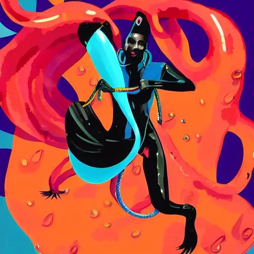 Image similar to grace jones riding on a giant squid, digital art