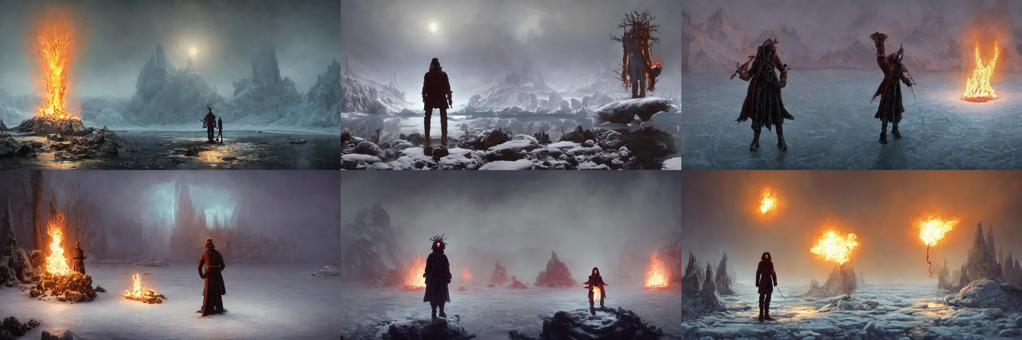 Prompt: An ultrawide shot of a necromancer standing in the center of a surreal icy lake, necromancer is holding a human heart on fire with blazing flames by albert bierstadt albert ramon puig Simon Stålenhag greg rutkowski netter, an epic fantasy, dramatic lighting, cinematic, establishing shot, extremely high detail, photorealistic, cinematic lighting, artstation, horizon forbidden west, ray tracing rendered in octane 8k 3d light study