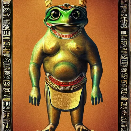 Image similar to ancient egyptian god of frogs, armored frog, holy religious portrait, artstation, oil painting