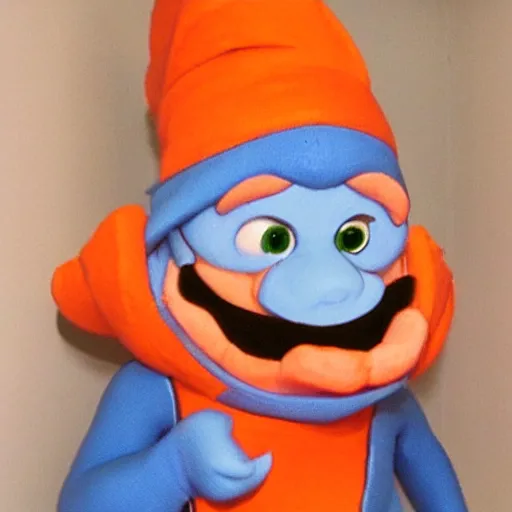 Image similar to papa smurf dressed as papaya, realistic, detailed, ripe papaya