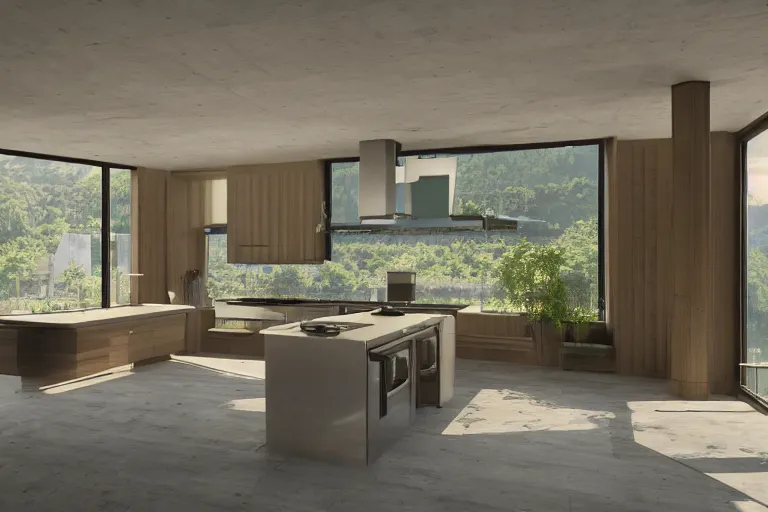 Image similar to solarpunk modern kitchen in a mountain mansion, liminal space, high detail, rendered in unreal engine, 3d render, god rays, volumetric lighting, HDR, subsurface scatter, mansion, interior, large windows, rich house