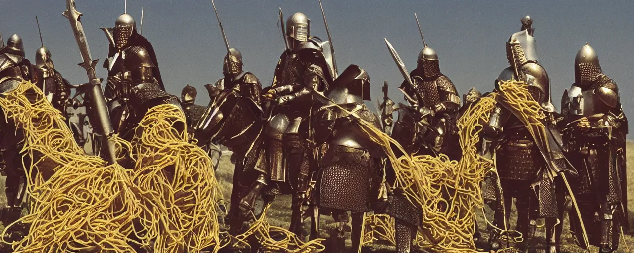 Prompt: knights in the crusades wearing a cross made of spaghetti, kodachrome, in the style of wes anderson,