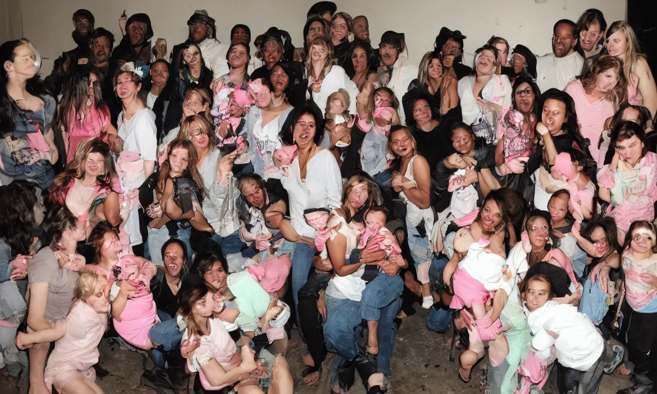 Prompt: a photograph of baby addicts hanging out at the crack house partying