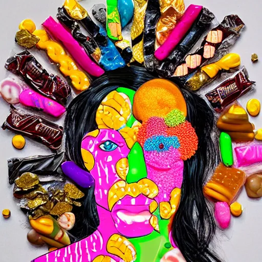 Prompt: A portrait of a woman made entirely out of different kinds of candy