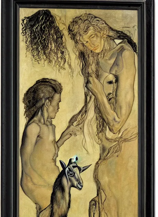 Prompt: boy, girl and a goat, by austin osman spare, high resolution