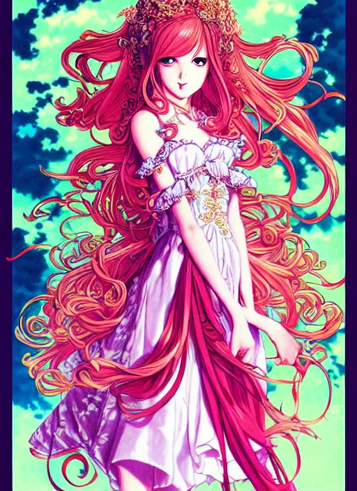 Image similar to exquisite imaginative fate manga poster design of princess, long wavy hair, rococo ruffles dress, fluorescent, illustration, artstation, dark fantastic, highly detailed, 8 k, maximalist, by shigenori soejima, minaba hideo, katsuhiro otomo, jump comics