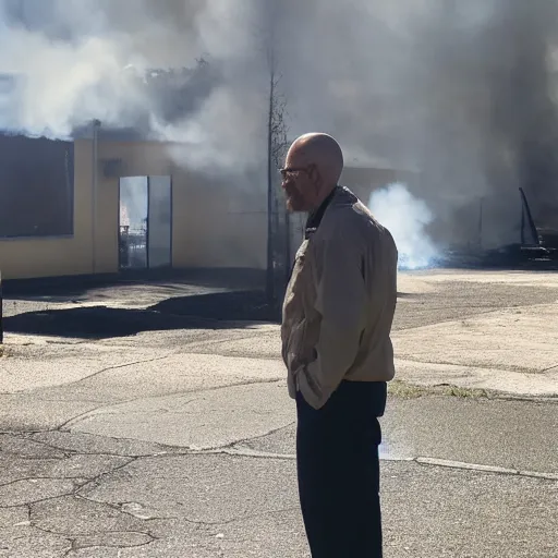 Prompt: a photo of walter white standing in front of a building on fire, highly detailed, 4 k