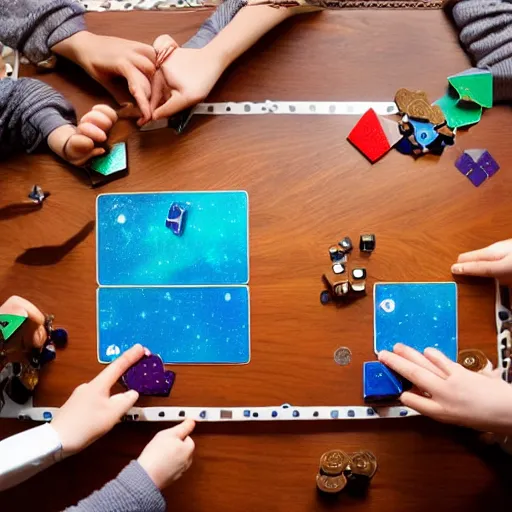 Prompt: overhead shot of an innovative space themed card game being played on a wooden table