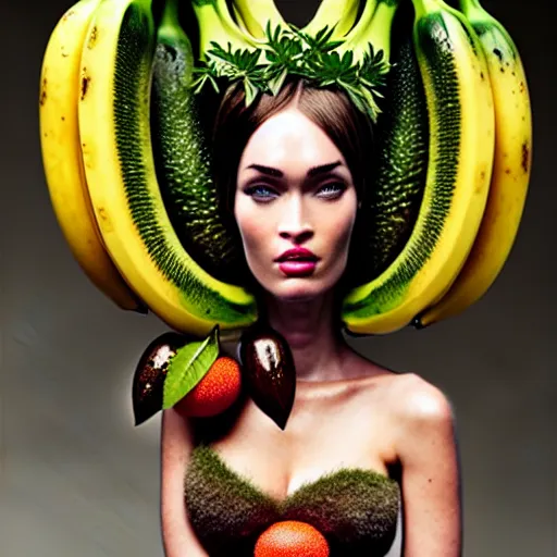 Prompt: banana dryad editorial 2 0 0 mm, megan fox editorial by malczewski and arcimboldo, banana dryad character sculpture by arcimboldo, stil frame from'cloudy with a chance of meatballs 2'( 2 0 1 3 ) of banana dryad, banana hybrid megan fox editorial by alexander mcqueen and arcimboldo