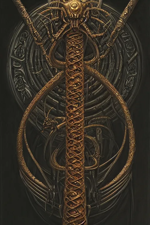 Prompt: masterpiece, infernal caduceus serpent staff, doom, elegant majestic, art by h. r. giger, greg rutkowski, josan gonzalez, alexey egorov, biomechanical, alchemy, monogram
