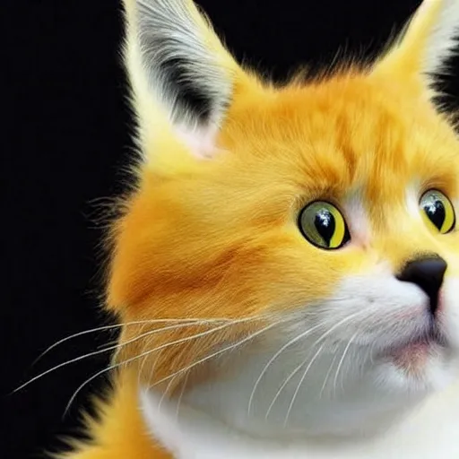 Prompt: a cat that looks like pikachu, yellow fur, yellow fur, cute, cute, cute