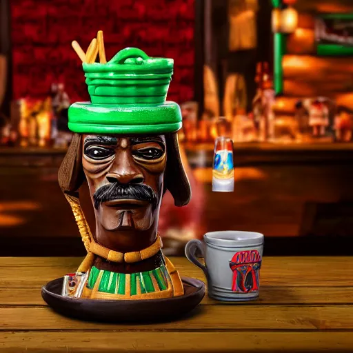Prompt: a photorealistic photograph of a Trader Vic's tiki mug featuring Snoop Dogg at a tiki bar - Trending on Artstation, featured on Behance, well-rendered, Unreal Engine, 4K HD
