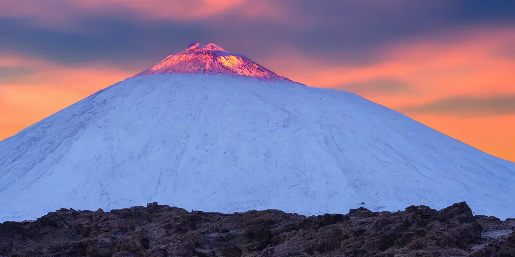 Prompt: professional photo of a snow topped volcano lit by the sunset