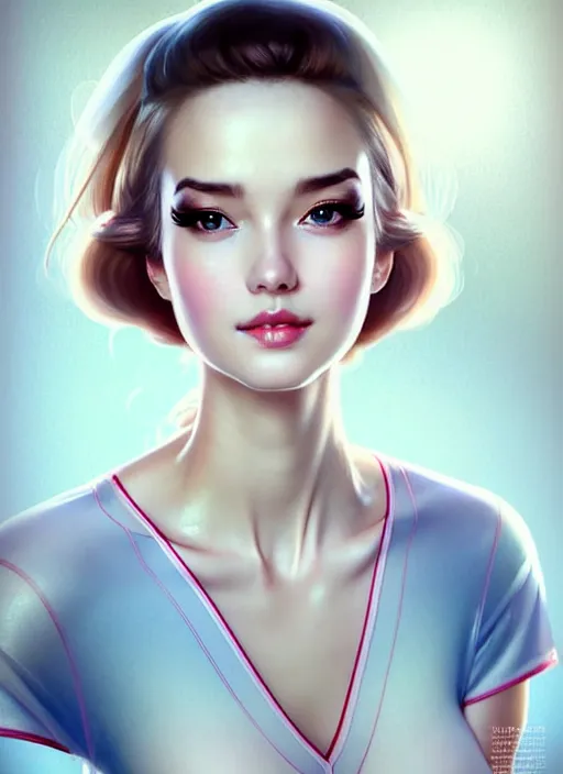 Prompt: glamorous and sexy nurse in transparent blouse, shy smiling, beautiful, pearlescent skin, natural beauty, seductive eyes and face, elegant girl, natural beauty, very detailed face, seductive lady, full body portrait, natural lights, photorealism, summer vibrancy, cinematic, a portrait by artgerm, rossdraws, Norman Rockwell, magali villeneuve, Gil Elvgren, Alberto Vargas, Earl Moran, Enoch Bolles