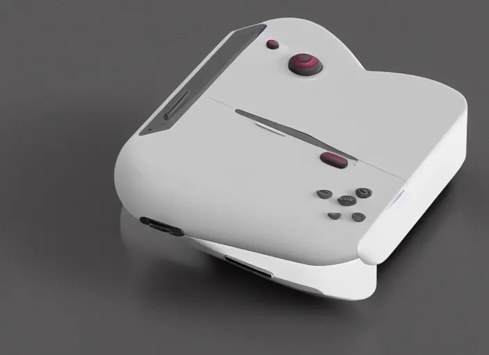 Image similar to retro futurist design of a new handheld console by nintendo, white, aluminium, wood