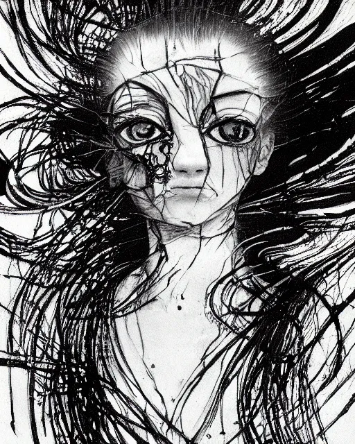 Prompt: Yoshitaka Amano realistic illustration of an anime girl with wavy white hair and cracks on her face wearing dress suit with tie fluttering in the wind, abstract black and white patterns on the background, noisy film grain effect, highly detailed, Renaissance oil painting, weird portrait angle