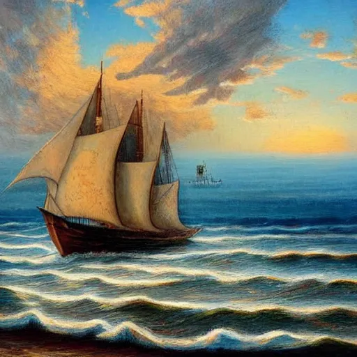 Prompt: ship in the sea, sails, history, wood, oil painting, waves, romanticism, clouds, sunset