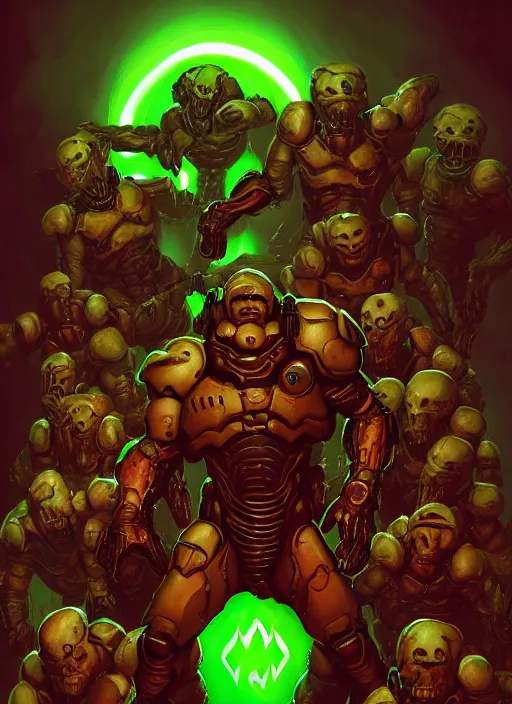 Image similar to ( doom ) cover featuring doom guy!! doom marine!! surrounded by demons, by kenneth scott, artstation, vivid gaze