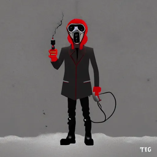 Image similar to hooden villain wearing a gas mask with red goggles, smoke coming out of his body and coat, dark background, wall with graffiti, unreal engine 5, ultra realistic, detailed, fog, studio ghibli inspired,