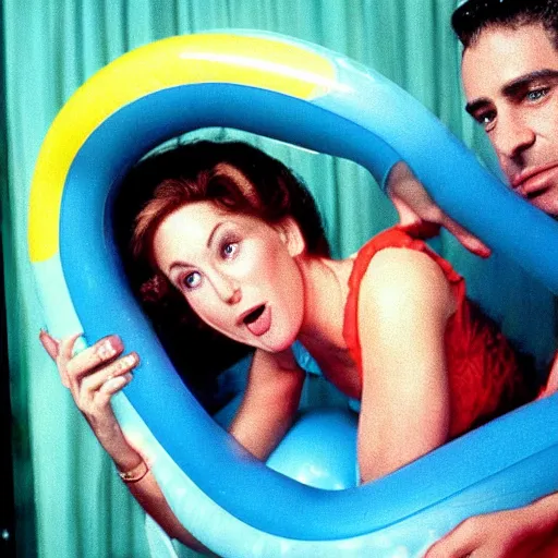 Image similar to still from a 1983 independent film about a desperate housewife wearing an inflatable toy as she meets a handsome younger man in a seedy motel room