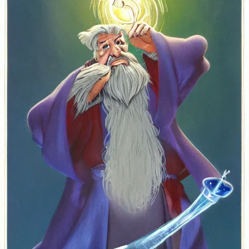 Prompt: exquisite portrait of an old wizard with a crystal wand, rodel gonzalez, marc davis, milt kahl, jim warren, don bluth, glen keane, jason deamer, rob kaz, character art, concept art