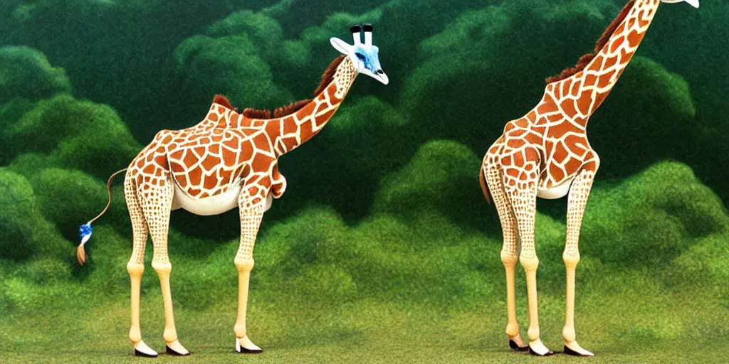 Image similar to giraffe with big blue feathered wings on its back, full body shot, wings, by studio ghibli
