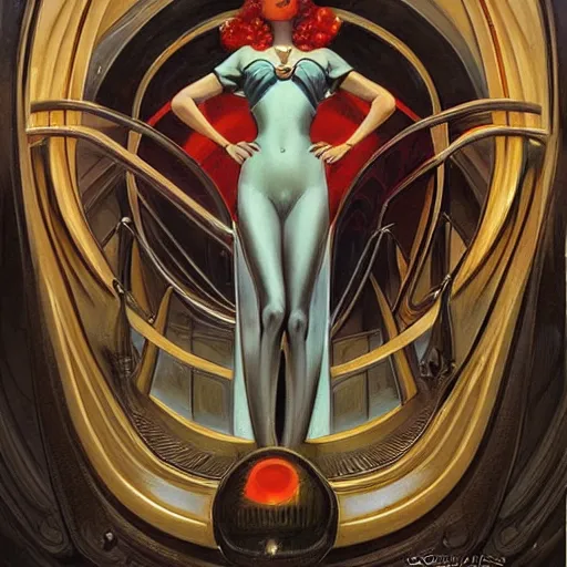 Image similar to a streamline moderne, art nouveau, dieselpunk painting in the style of donato giancola, and in the style of charlie bowater, and in the style of charles dulac. symmetry!!, smooth, sharp focus, semirealism, intricate ultrafine background detail.