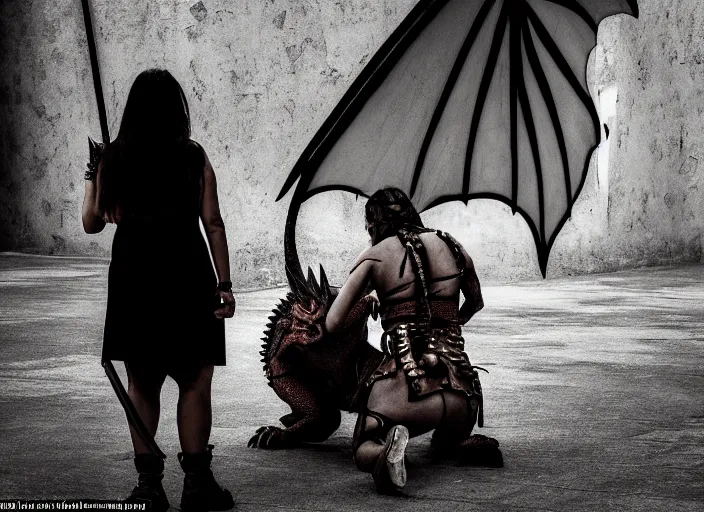 Prompt: scared female barbarian who came only to look at the real dragon, symmetrical, cinematic, real photography