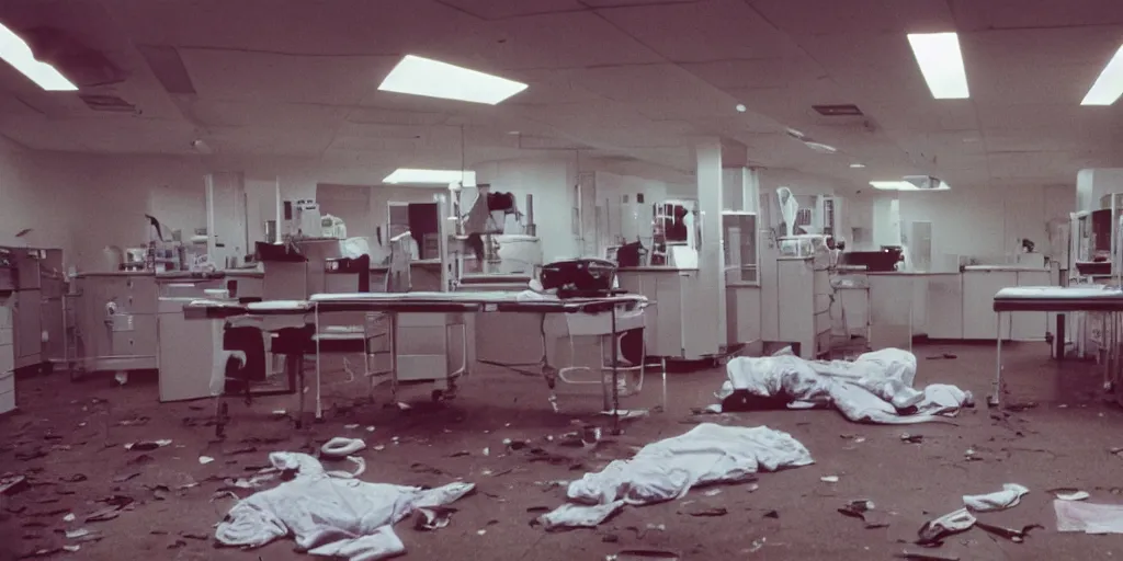 Image similar to filmic extreme wide shot dutch angle movie still 35mm film color photograph of a doctor completely dismembered, body parts strewn across a lab room floor in pools of fresh blood in the style of a horror film