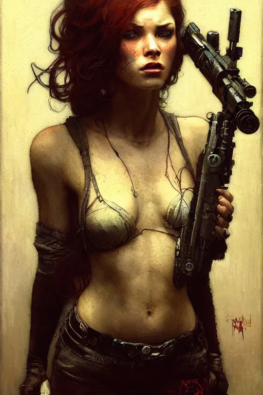 Prompt: portrait max mad cyberpunk, machinist tech rifle gun design, painting by gaston bussiere, katsuya terada, nc wyeth, greg rutkowski, craig mullins, vermeer, frank frazetta, mucha, tom of finland, trending on artstation, jeffery catherine jones