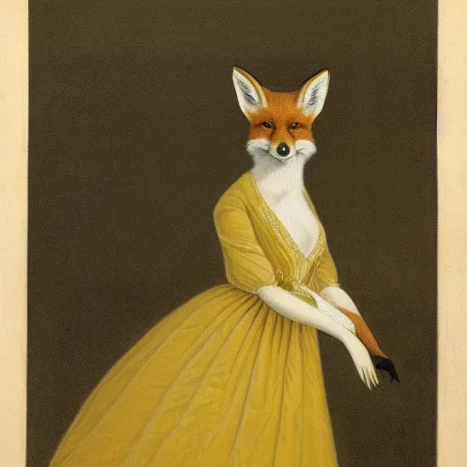 Prompt: A beautiful animal portrait of a fox in a pale yellow dress by Robert Cleminson and Carl Friedrich Deiker