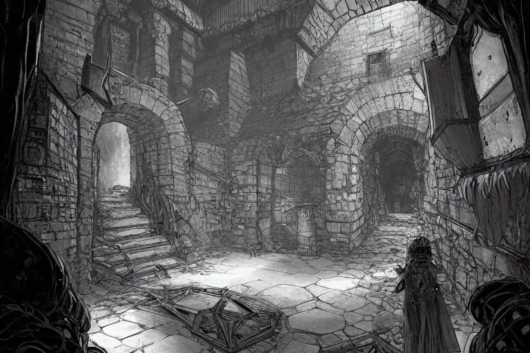 Prompt: black and white one point perspective dungeon cozy fantasy dungeon hallway view with pit in the middle of the ground by artgerm and Craig Mullins, James Jean, Andrey Ryabovichev, Mark Simonetti and Peter Morbacher 16k