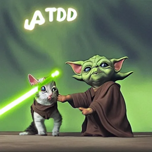 Image similar to Jedi master yoda teaching a kitten how to use a lightsaber