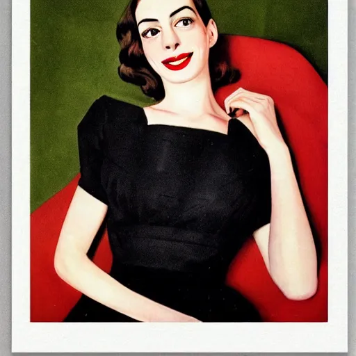 Prompt: “Anne Hathaway portrait, color vintage magazine illustration 1950”