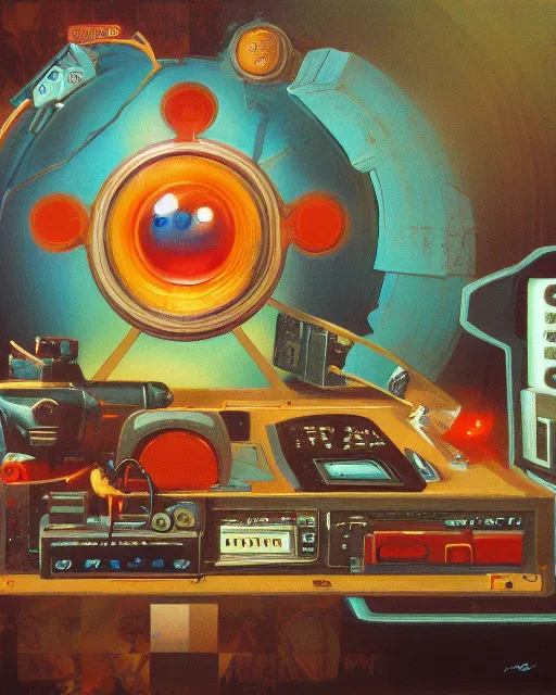 Prompt: majora's mark among 8 0 s era technology, vintage shapes, retro technology, vintage color, wayne barlow, oil on canvas, deep depth of field, masterpiece, cinematic composition, hyperdetailed