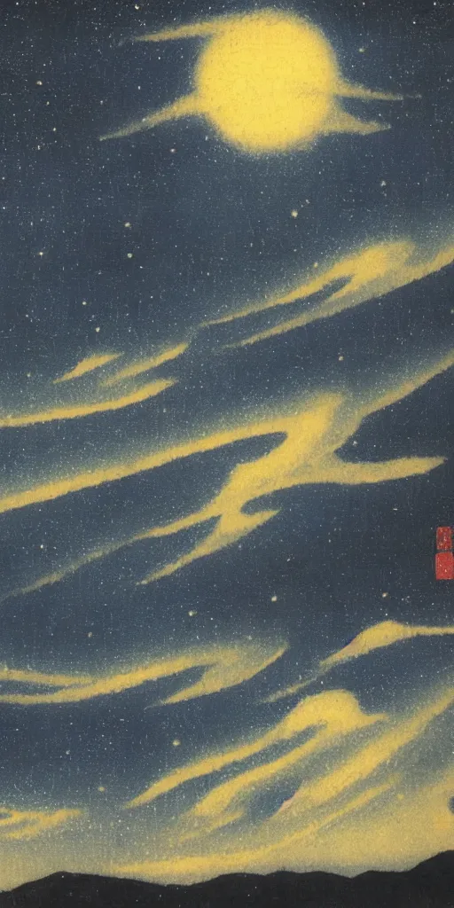 Image similar to painting of the night sky by kitano tsunetomi, 1 9 3 9