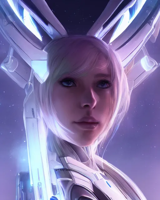 Image similar to perfect android girl on a mothership, warframe armor, beautiful face, scifi, futuristic, galaxy, nebula, raytracing, dreamy, long white hair, blue cyborg eyes, sharp focus, cinematic lighting, highly detailed, artstation, divine, by gauthier leblanc, kazuya takahashi, huifeng huang