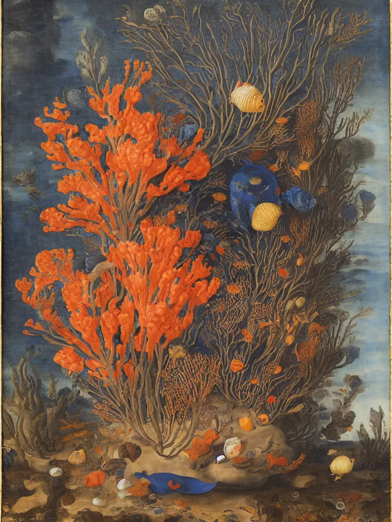 Prompt: bottle vase of coral under the sea decorated with a dense field of stylized scrolls that have opaque outlines enclosing mottled blue washes, with orange shells and purple fishes, Ambrosius Bosschaert the Elder, oil on canvas