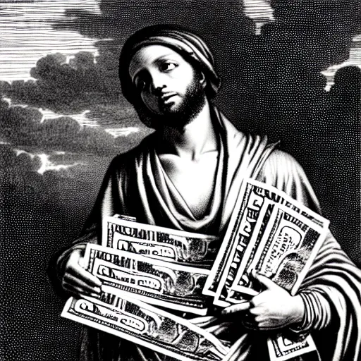 Image similar to lil durk rapper holding stacks of cash, biblical image, style of gustave dore, highly detailed, beautiful, high contrast, black and white