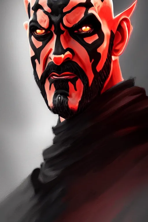 Prompt: a portrait of the darth maul from star wars, short beard, grim - lighting, high - contrast, intricate, elegant, highly detailed, digital painting, artstation, concept art, smooth, sharp focus, illustration